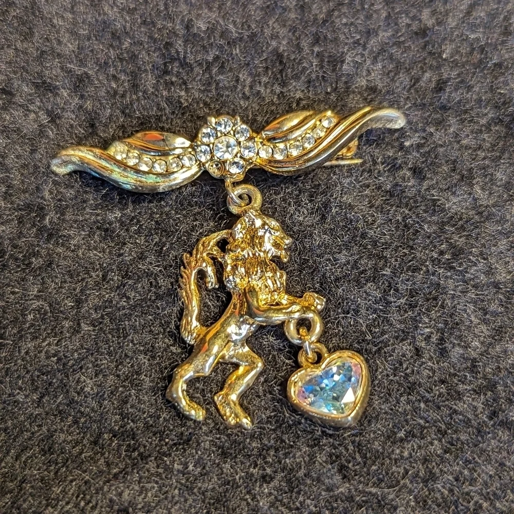 Lion Angel Gryffin pin brooch rhinestone 10k gold plated Mystical Magical Royal